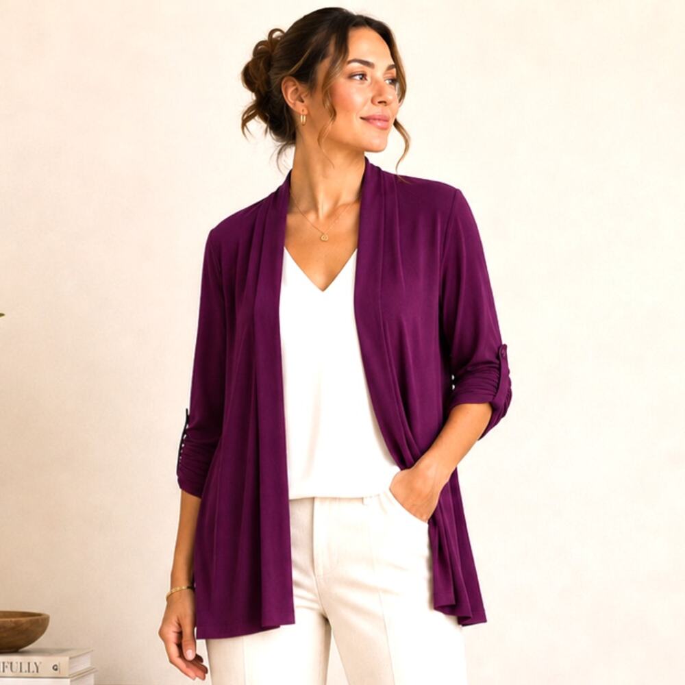 Susan Graver Liquid Knit Cardigan Womens Size 2X Purple Minimalist Office Casual